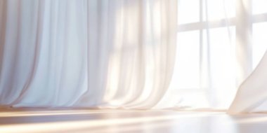 Sunlight streaming through sheer white curtains in a bright room. clipart