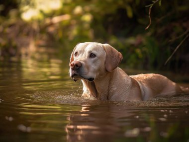 Labrador Retriever gölde yüzüyor.