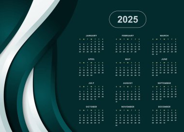 modern ve şık 2025 takvim şablonu koyu mavi ve beyaz soyut tasarımı içerir