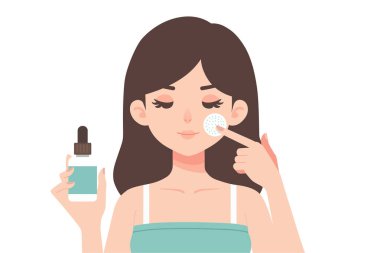 Yüzüne sivilce bandı yapıştıran ya da yüzüne tampon yapıştıran bir kadının düz çizimi. Cilt bakımı rutini ve akne tedavisi