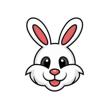 Beyaz arka planda şirin tavşan kafalı maskot logosu var. Düz çizgi film tarzı. Tavşan logosu çizimi