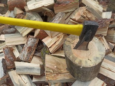 Yakacak odun yığınında satırın baltası