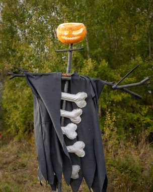 Bahçede dikilen korkutucu Cadılar Bayramı korkuluğu. Korkunç bir cadılar bayramı korkuluğu, siyah bir bez giyiyor ve kafasında oyulmuş bir balkabağı var, bahçede duruyor. Açık hava Cadılar Bayramı dekorasyonu