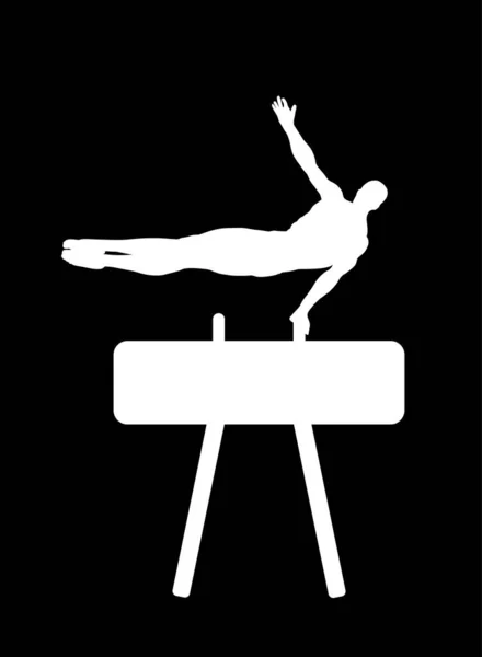鞍马向量上的体表轮廓在黑色背景上孤立 体育男子艺术体操表演者 体操器械上的运动员 肌肉发达的杂技演员 — 图库矢量图片