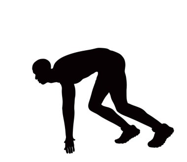 Hızlı koşucu vektör silueti çizimi beyaz arkaplanda izole edildi. Maraton yarışçısı siluet koşuyor. Spor adamı aktivite konsepti. Yarışın patlayıcı başlangıcındaki atlet çocuk. Kaslı erkek odağı.