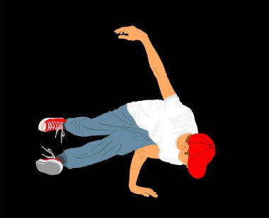 Break dansçı çocuk vektör çizimi siyah arkaplanda izole edildi. Modern şehir dansçıları sergisi. Sokakta çekici sporcu yetenekleri. Formda spor jimnastik figürü. Hip hop müzik şovu