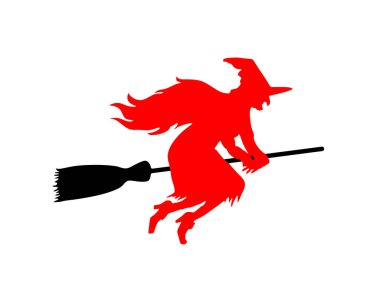 Cadı uçuş vektörü siluetinde süpürgeye biniyor. Beyazlar üzerinde izole edilmiş. Cadılar Bayramı, öcü. Walpurgis gecesi. Kara büyü yapan kadın. Korku ve korkunç bir kabus. Gece efsanesi ve peri masalı.