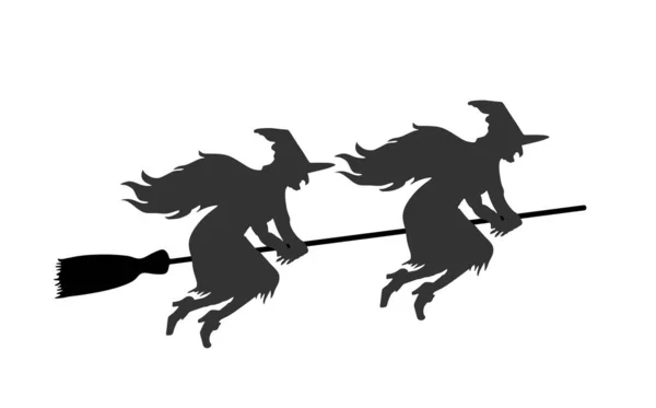 Hexenpaar Reitet Auf Einem Besenstiel Flugvektorsilhouette Illustration Isoliert Auf Weiß — Stockvektor