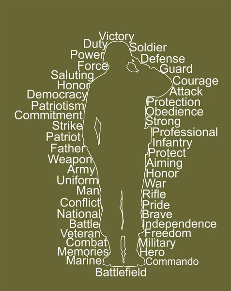 Saluting Armé Soldat Linje Kontur Vektor Siluett Illustration Isolerad Militär — Stock vektor