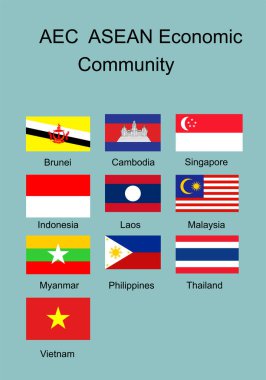 Asya Ekonomik Topluluğu üyeleri vektör illüstrasyonunu izole etti. Güneydoğu Asya Milletler Cemiyeti ASEAN tek bir pazar ve ürün tabanı olarak kurulmuştur. AEC sembolü.