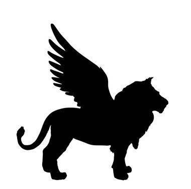 Kanatlı aslan vektör silüeti beyaz arka planda izole edilmiş. Kanatları olan hayvan kral canavarı. Mitoloji yaratığı. Güç ve güç tehlike avcısı. Başarı ve zengin bir sembol. Güçlü vahşi.