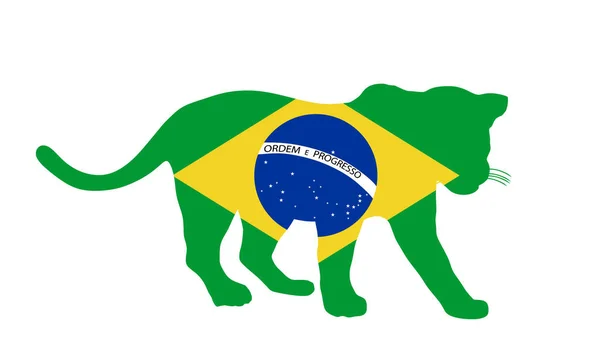 在白色背景上孤立的Jaguar矢量轮廓上的巴西国旗 南美的沉默掠食者 巴西爱国的民族动物象征 旅游邀请函 — 图库矢量图片