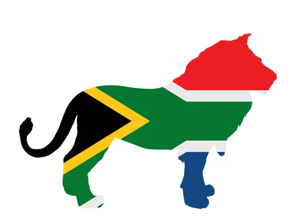 白い背景に隔離されたライオンの動物のベクトルのシルエットのイラストの上に南アフリカの旗 南アフリカのライオン国立動物のシンボルは影を形成します サファリツーリズムの招待 愛国心と誇り — ストックベクタ