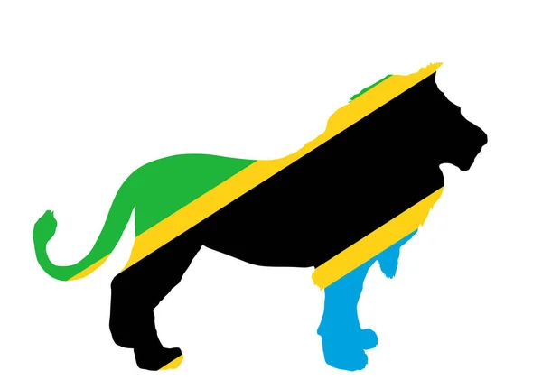 Tansania Flagge Über Löwen Tier Vektor Silhouette Illustration Isoliert Auf — Stockvektor
