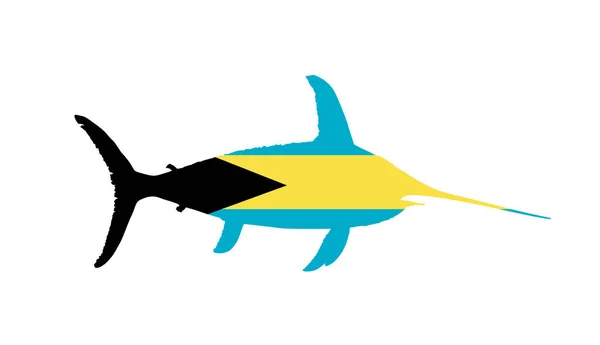 白を基調としたメカジキベクトルシルエットのイラストでバハマフラッグ バハマは青い海の魚の国の動物の旗のシンボルにフラグを立てます 楽園の愛国的紋章アメリカの島々 — ストックベクタ