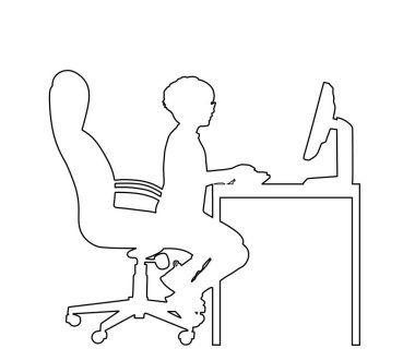 Oyuncu çocuk bilgisayar vektör çizgisi siluetinde video oyunu oynuyor. Sanal oyuncu oturuyor ve bilgisayar izliyor. Okul çocuğu bağımlısı. Evde internet üzerinden çocuk öğrenimi. Siber çocuk sporu