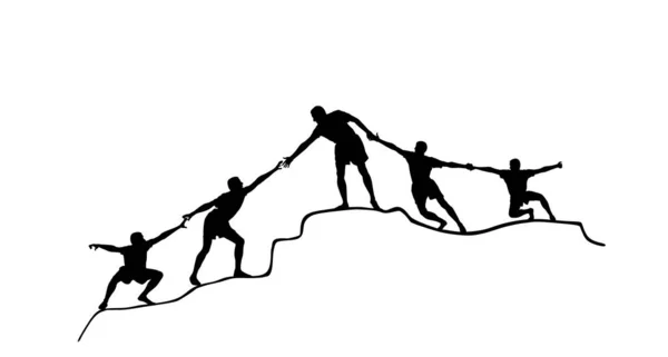 攀登者人类链条团队构建载体轮廓 人帮助朋友爬上山顶 协同增效概念 灾难后撤离 困难情况下的合作 — 图库矢量图片