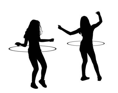 Çekici genç kızlar hula hoop vektör silueti eşliğinde egzersiz yapıyorlar. Beyazlar üzerinde izole edilmiş. Yakışıklı kadın komik hulahop oyuncağı kilo veriyor. Spor aletleriyle spor yapan bir bayan.