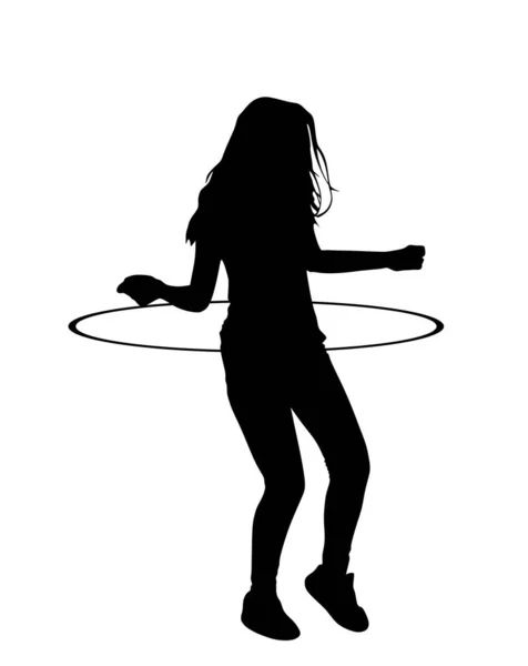 Attractive Girl Exercising Hula Hoop Vector Silhouette Illustration Isolated White — Stock Vector