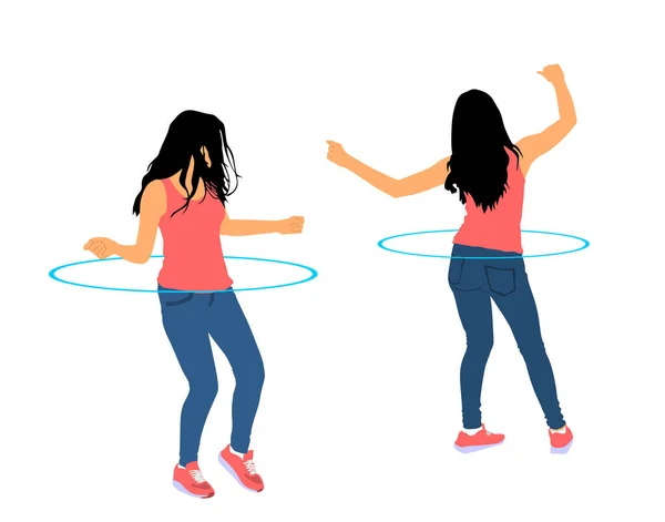 迷人的少女情侣们带着在白色背景上孤立的呼啦圈矢量进行锻炼 英俊的女人滑稽呼啦圈玩具跳舞减肥 体操中的女子运动 — 图库矢量图片