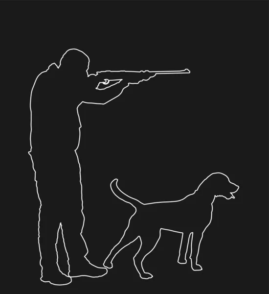 Hunter Con Perro Apuntando Con Silueta Contorno Línea Vectorial Rifle — Archivo Imágenes Vectoriales