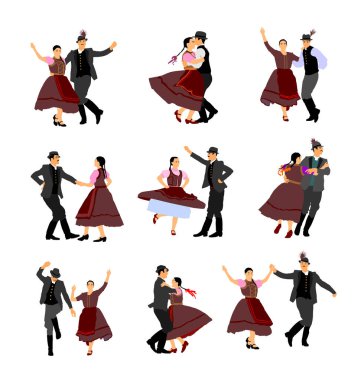 Macar Csardas halk dansçısı çiftler, vektör çizimi. Alman folkloru Oktoberfest aktörleri. Doğu Avrupa 'dan geleneksel Avusturya düğün kültürü. Balkan dansı. Kadın ve erkek festivali. 