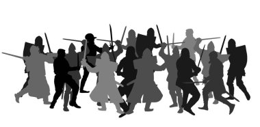 Knights in armor with sword fight vector silhouette isolated on white. Medieval fighters in battle. Hero protects castle walls. Armed man defend honor of family people. Protect country against enemy. clipart