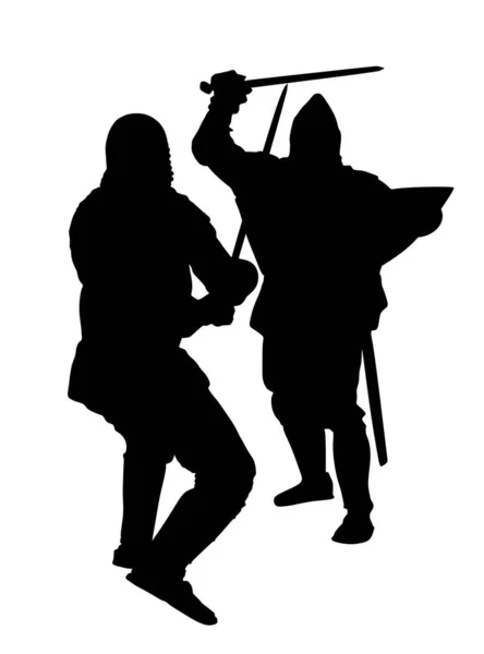 Chevaliers Armure Avec Épée Combat Vectoriel Silhouette Illustration Isolée Bataille — Image vectorielle