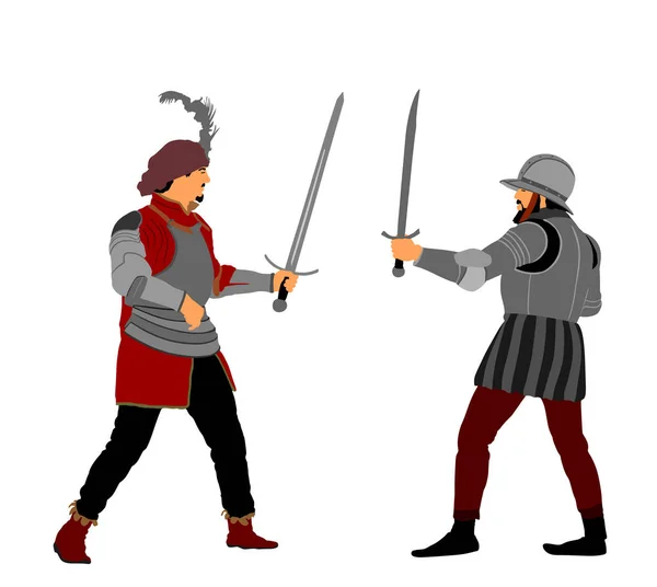 Caballeros Con Armadura Con Ilustración Vectores Lucha Con Espada Aislados — Vector de stock