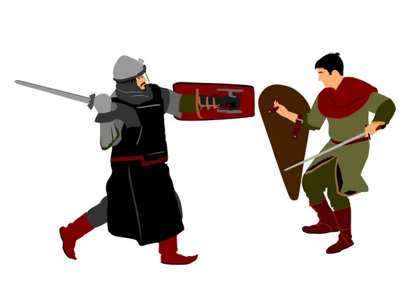 Рыцари Доспехах Векторной Иллюстрацией Боя Мечах Изолированы Средневековый Боец Бою — стоковый вектор
