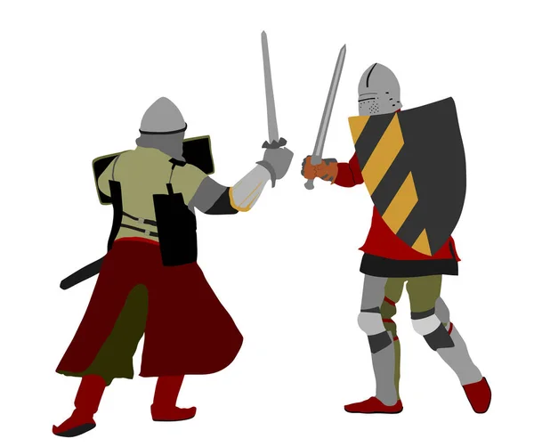 Cavalieri Armatura Con Spada Lotta Vettoriale Illustrazione Isolata Bianco Combattente — Vettoriale Stock