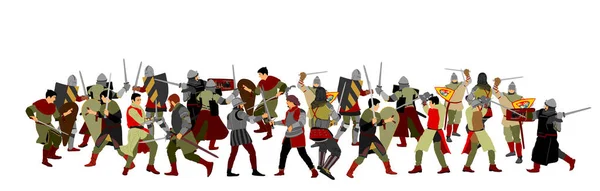 Zırhlı Şövalyeler Beyaza Izole Edilmiş Kılıç Dövüşü Vektör Illüstrasyonuyla Ortaçağ — Stok Vektör