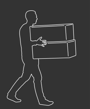 Teslimatçı iyi vektör çizgisi hatlarıyla dolu kutular taşıyor. Paketli postacı. Dağıtım deposu. Çocuk ağır yük taşıma servisi tutuyor. Becerikli adam harekete geçti. Elle taşıma yöntemi