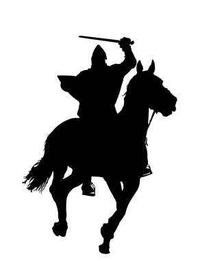 Zırhlı şövalyeler, kılıçlı ve kalkanlı at biniciliği silueti izole edilmiş. Ortaçağ süvarileri savaşta. Süvari kahramanı kale duvarlarını korur. Süvariler silahlı adamlar, ülkeyi düşmana karşı koruyun.