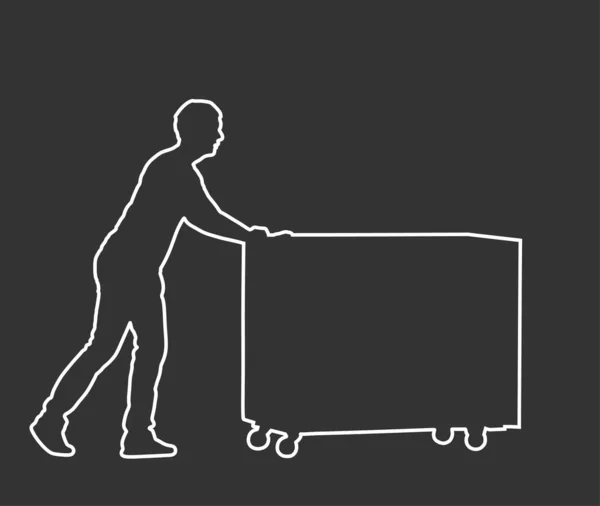 Entrega Homem Transportando Caixas Mercadorias Por Contorno Linha Vetor Carrinho —  Vetores de Stock