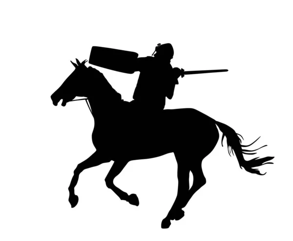 剣と盾乗馬馬ベクトルシルエットと鎧の騎士は孤立した 戦闘中のHorseman中世の戦闘機 キャバリマンの英雄は城の壁を守る カルバリー武装した男は敵から国を守る — ストックベクタ