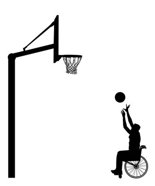 Tekerlekli sandalye vektör siluetindeki basketbolcu izole edildi. Engelli sporcu yarışması. İyileşme sürecinde yaralanan erkek spor aktivitesi sepeti. Geçersiz kişi aktif hayat. Sağlık hizmetleri fiziksel tedavisi.