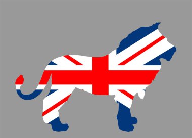 Büyük Britanya, aslan ulusal hayvan sembolü siluetinin üzerindeki bayrak izole edildi. Birleşik Krallık rozeti. Cumhuriyet İmparatorluğu amblemi vatansever bayrağı. Atlantik Okyanusu adası Avrupa bölgesi.