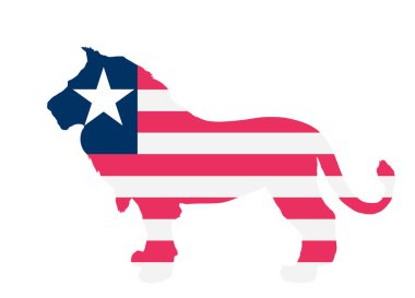 Beyaz arka planda izole edilmiş aslan hayvan vektör siluetinin üzerindeki Liberya bayrağı. Aslan şekli Liberya 'nın ulusal hayvan sembolü. Afrika kıtasındaki devlet. Safari turizmi daveti. 