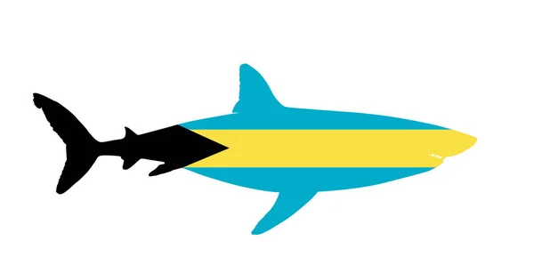 Флаг Багамских Островов Большой Белый Векторный Силуэт Акулы Иллюстрация Изолированный — стоковый вектор