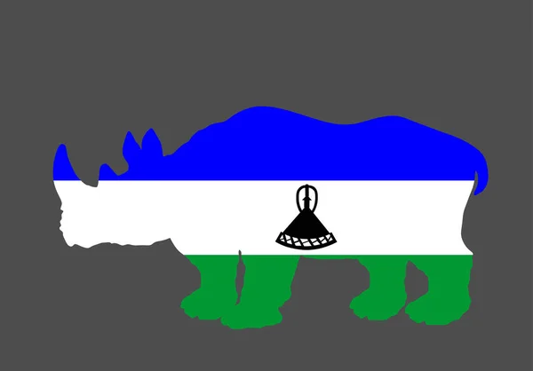 Bandeira Lesoto Sobre Silhueta Vetorial Animal Nacional Rinoceronte Ilustração Isolada — Vetor de Stock