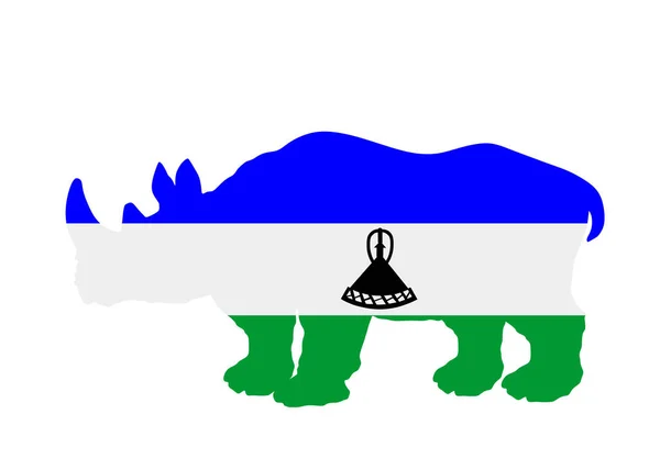Lesotho Flag Rhino National Animal Vector Silhouette Illustration Isolated White — Stockvector