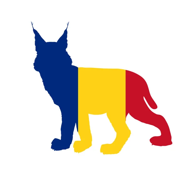 Румынский Флаг Над Национальным Векторным Силуэтом Рыси Изображён Белом Фоне — стоковый вектор