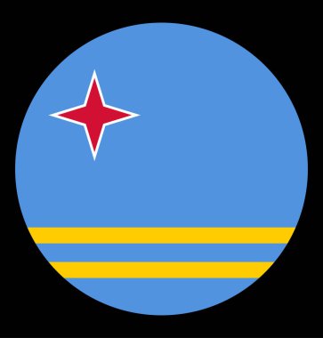 Aruba bayrak dairesi rozet çizimi siyah arka planda izole edildi. Orta Amerika 'daki Hollanda toprakları. Karayip adası eyaleti. Aruba yuvarlak bayrağı. Ulusal sembol kurdelesi. Hollanda vilayeti