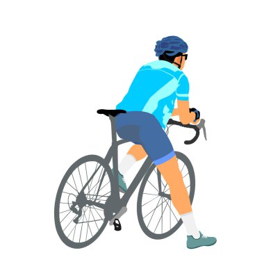 Time out bicyclist man vector illustration isolated on white background. Boy riding bicycle. Cyclists resting and watching on road. Pause after mountain race. Sportsman break after route.