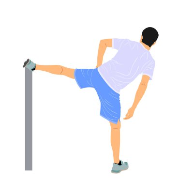 Soccer player stretching vector illustration isolated on white background. Sportsman warming up before football game. Strain racking on court. Sport boy workout in gym. Fit man exercise. 