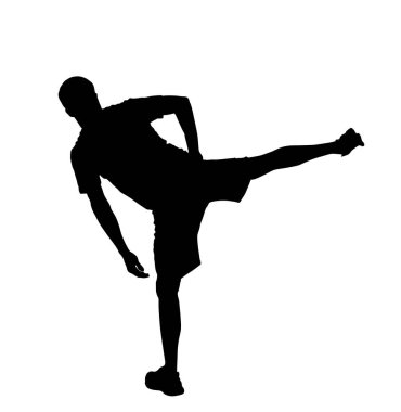 Soccer player stretching vector silhouette illustration isolated on white background. Sportsman warming up before football game. Strain racking on court. Sport boy workout in gym. Fit man exercise. 