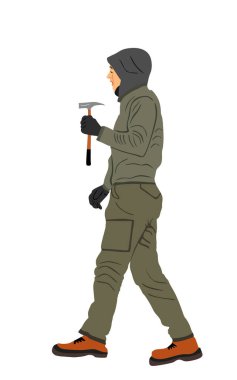 Repairman with hammer nails a nail vector illustration isolated on white background. Handyman repair with gavel. Construction worker man knock in wood. Carpenter boy home renovation. Hard job activity