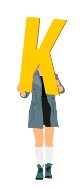 Handsome woman holding letter K sign vector illustration. Words making letter. Learning alphabet, back to the school. Marketing commercial campaign with different people carry message to auditorium.