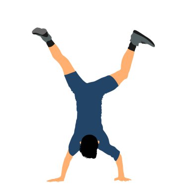 Young man doing cartwheel exercise. Sportsman acrobat boy in handstand position vector illustration. Standing on hand pose. Hand stand acrobatics street athlete performer. Stunt in circus skills.